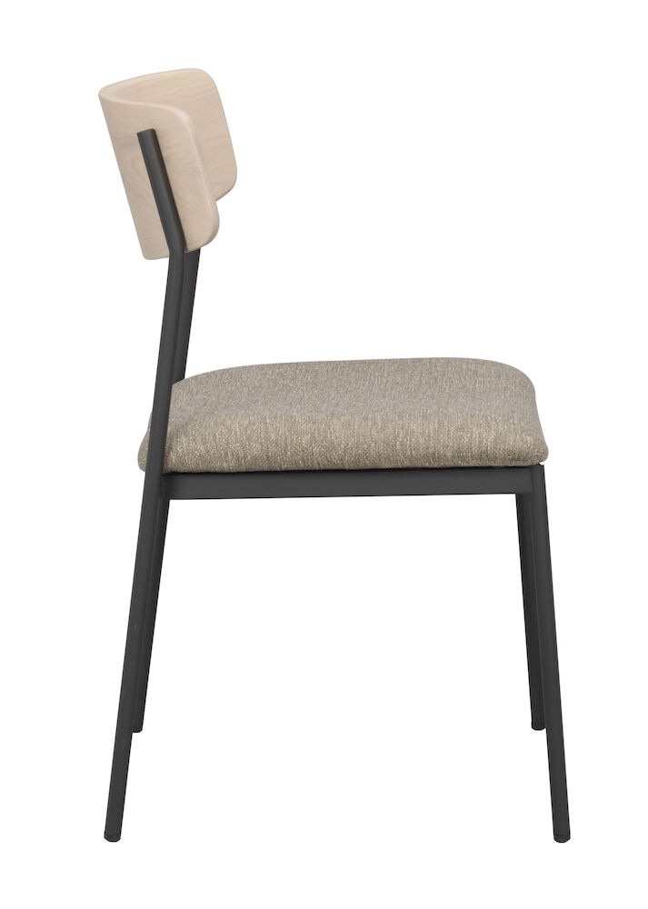 Maymont stol vitpig.ekrygg/mörkbeige tyg/svart metall stapelbar, en produkt av hög kvalitet till bra pris från Ulfåsa möbler
