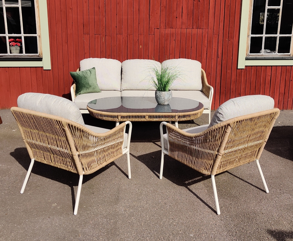 Olivia lounge soffa 3+1+1 med bord twist/vit/beige inkl allväders dynor